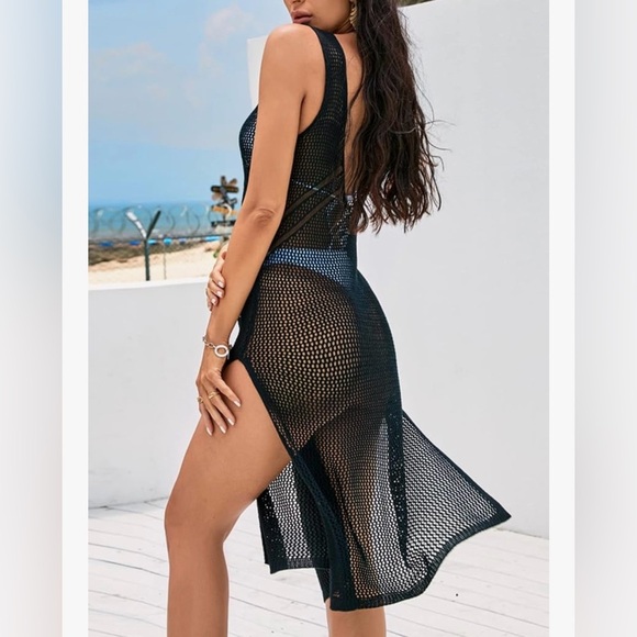 Women's Cupshe Black Crocheted Knit Sheer Backless Side Slit Swim CoverUp Dress - Picture 3 of 7